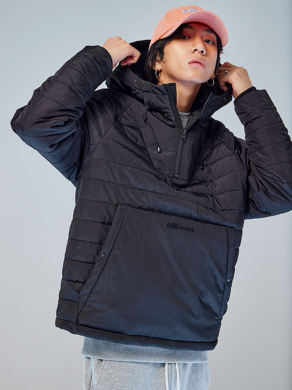 Mixed hood anorak down jumper_Black