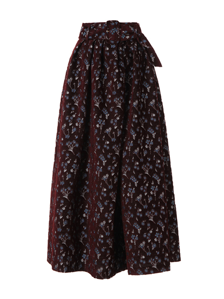 BORDEAUX FLORAL JACQUARD FLARED SKIRT   마메 쿠로구치 보르도 플로럴 자카드 플레어 스커트 - 아데쿠베