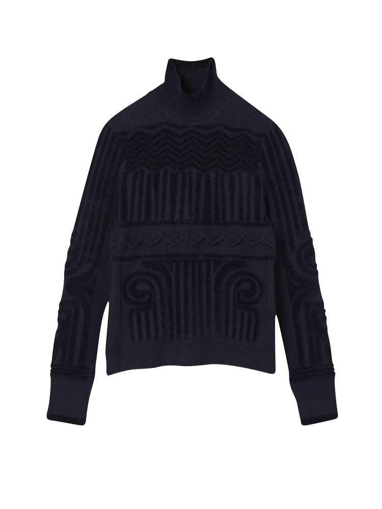 NAVY JOMON PATTERN HIGH NECK KNITTED TOP  마메 쿠로구치 네이비 조몬 패턴 하이 넥 니트 탑 - 아데쿠베