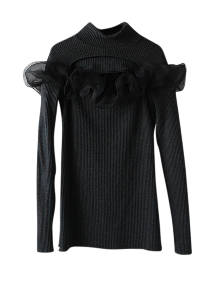 BLACK CUT-OUT RUFFLED ORGANZA PULLOVER  샨샨 루안 블랙 컷아웃 러플 오간자 풀오버 - 아데쿠베