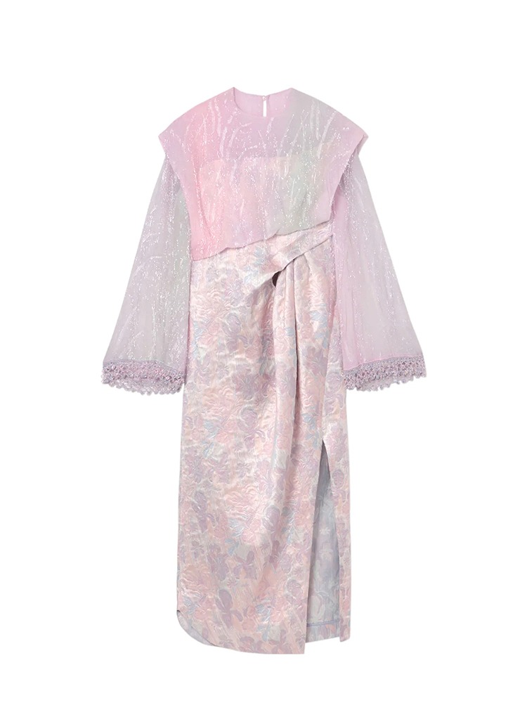 LILAC HAZY FLORAL JACQUARD ASYMMETERICAL DRAPED DRESS  마메 쿠로구치 라일락 헤이지 플로럴 자카드 비대칭 드레이프 드레스 - 아데쿠베