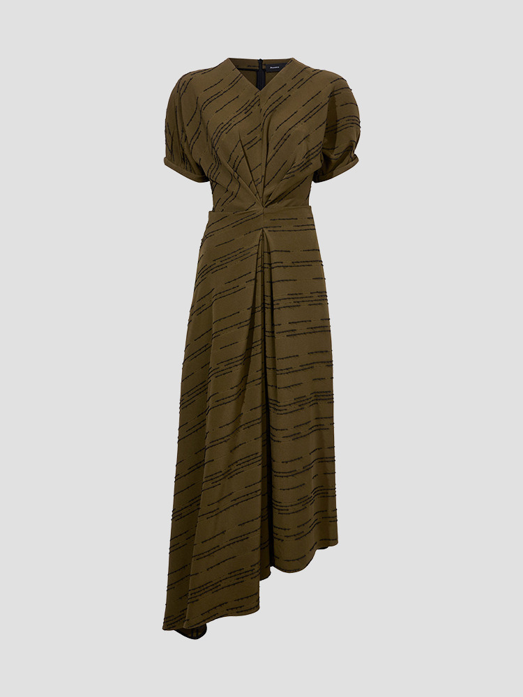 OLIVE MULTI TEXTURED STRIPE VIVIENNE ASYMMETRICAL DRESS  프로엔자 슐러 올리브 멀티 비비안 비대칭 드레스 - 아데쿠베