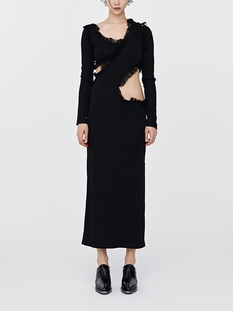 BLACK CARINA INTERLINKED LONG SLEEVE DRESS  크리스토퍼 에스버 블랙 카리나 인터링크 롱 슬리브 드레스 - 아데쿠베