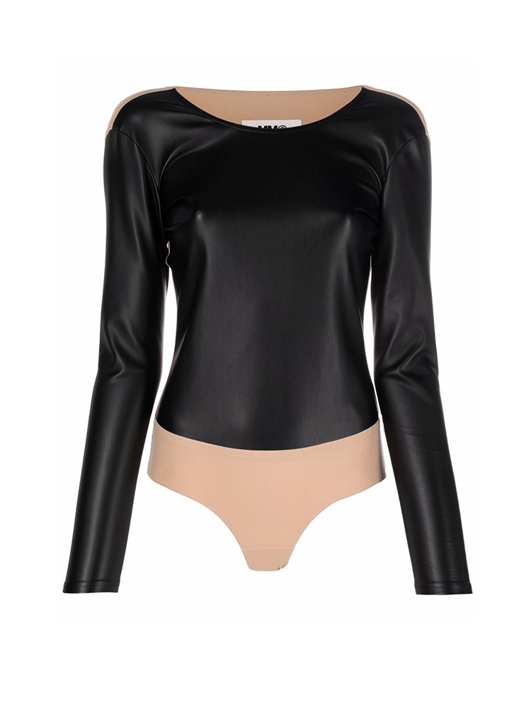 HALF LEATHER LONG SLEEVE BODYSUIT MM6 할프 레더 롱 슬리브 바디슈트 - 아데쿠베