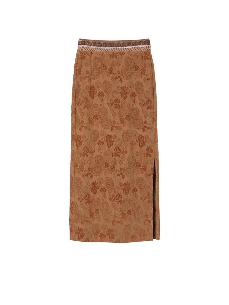 BROWN FLOWER VELOUR JACQUARD SKIRT  마메 쿠로구치 브라운 플라워 벨루어 자카드 스커트 - 아데쿠베