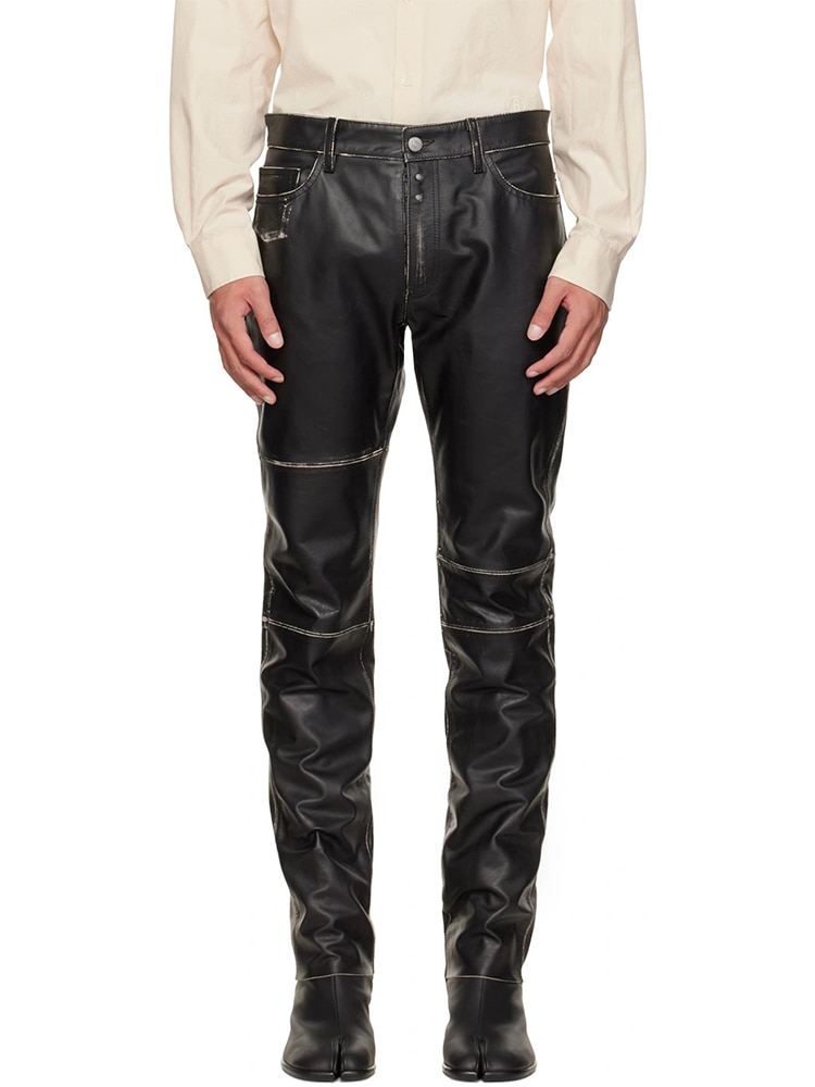 BALCK WORNOUT EFFECT LEATHER PANTS  MM6 블랙 웨어아웃 이펙트 레더 팬츠 - 아데쿠베