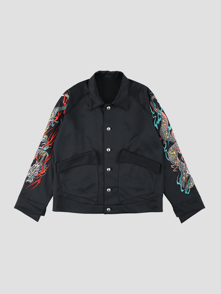 BLACK SHINY JERSEY EMBROIDERY BLOUSON  설밤 블랙 샤이니 저지 자수 블루종 - 아데쿠베