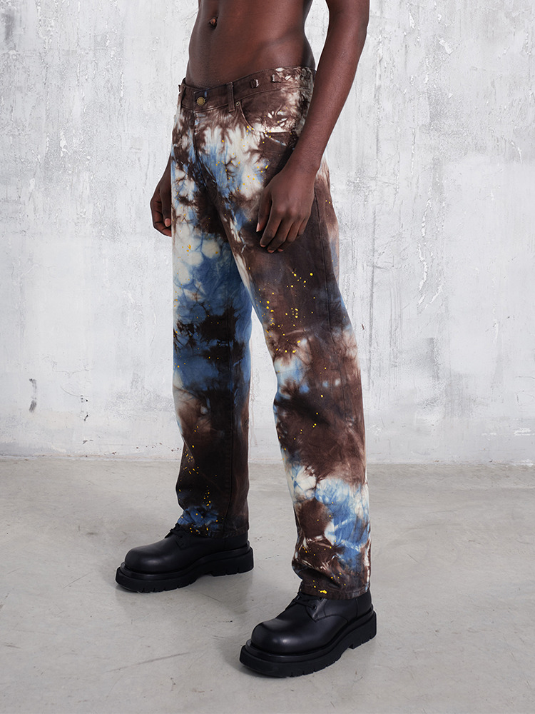 BROWN LIGHT BLUE MARK TIE-DYE DROPLET BULL DENIM PANTS  다크팍 브라운 라이트 블루 마크 타이다이 드롭렛 불 데님 팬츠 - 아데쿠베