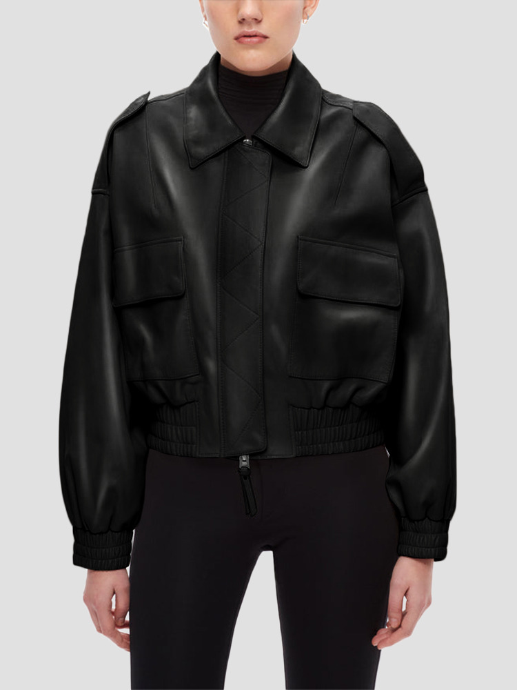 BLACK RHIAN LEATHER BOMBER JACKET  쇼디치 스키 클럽 블랙 리안 레더 봄버 자켓 - 아데쿠베