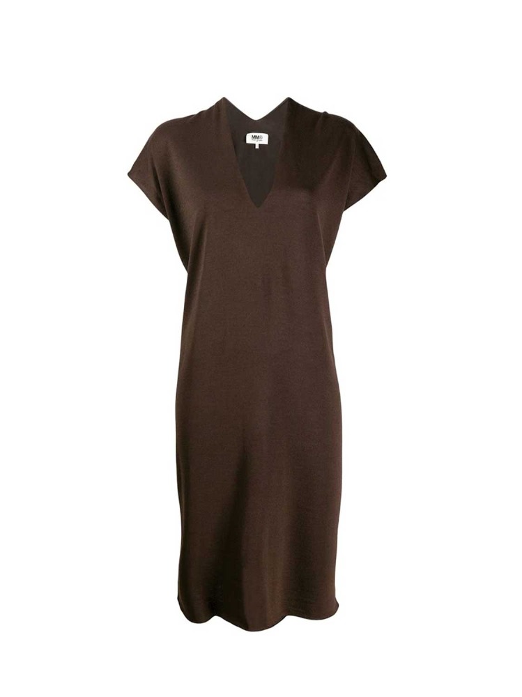 BROWN OVERSIZED V-NECK HALF SLEEVES MIDI DRESS  MM6 브라운 오버사이즈 브이넥 하프 슬리브 미디 드레스 - 아데쿠베