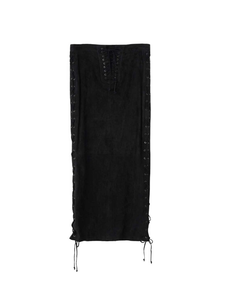 BLACK SUEDE SIDE LACE UP LONG SKIRT  언래블 프로젝트 블랙 스웨이드 사이드 레이스 업 롱 스커트 - 아데쿠베