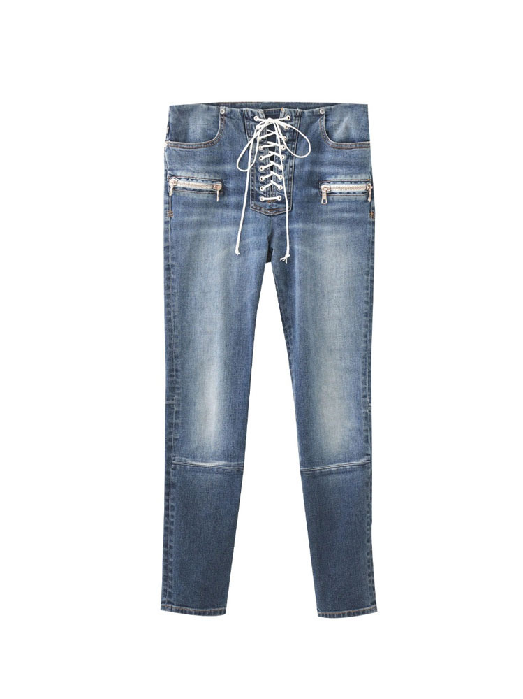 DARK BLUE LACE UP SKINNY JEANS  언래블 프로젝트 다크 블루 레이스 업 스키니 진 - 아데쿠베