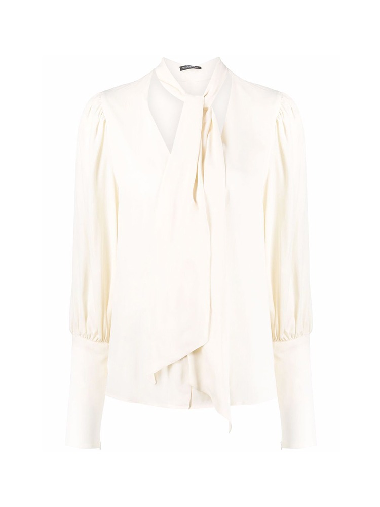 IVORY CREPE DE CHINE SHIRT  원더링 아이보리 퍼프 소매 푸시 보우 블라우스 - 아데쿠베