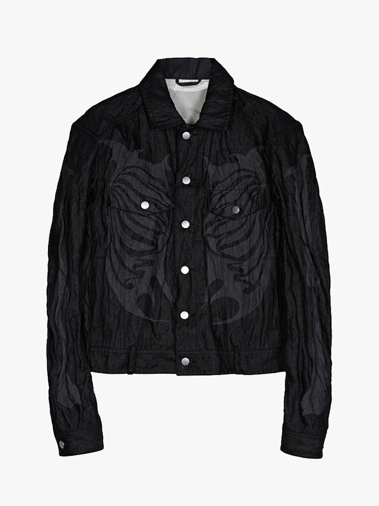 BLACK BONE PRINTED TRUCKER JACKET  산쿠안즈 블랙 본 프린트 트러커 자켓 - 아데쿠베