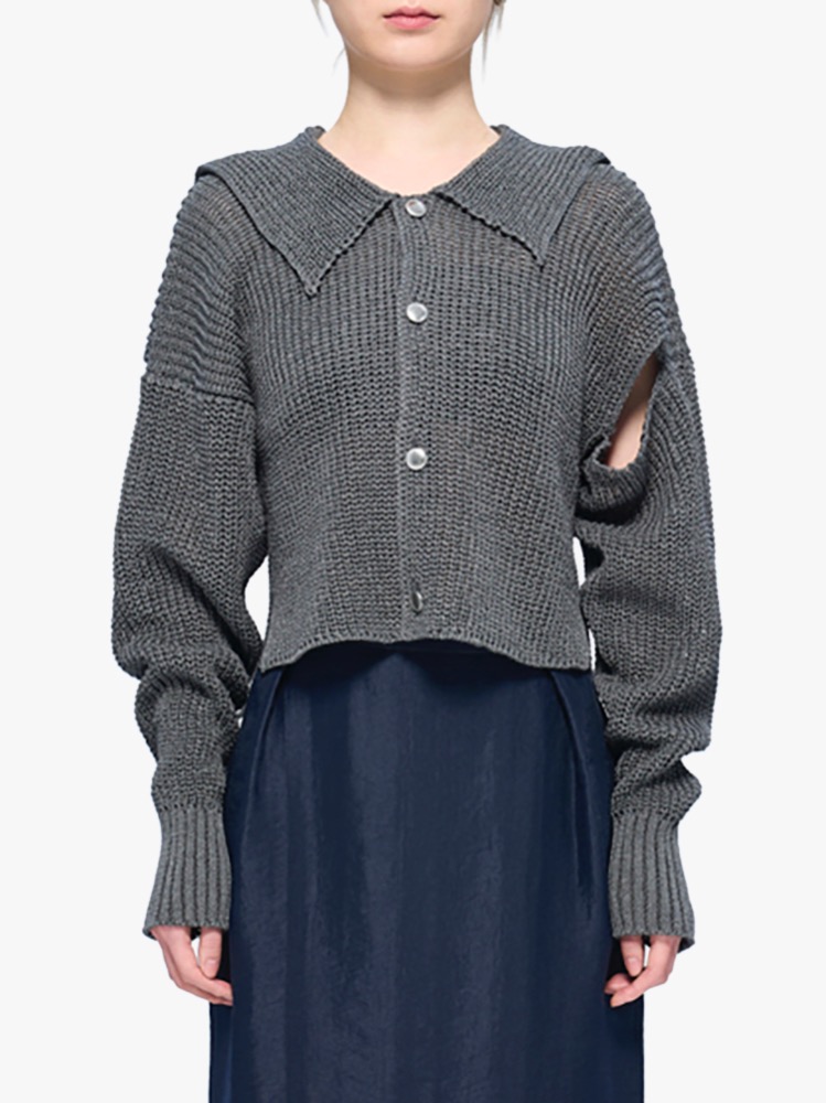 GRAY WOMENS SAILOR COLLAR KNIT CARDIGAN  설밤 그레이 우먼스 세일러 칼라 니트 가디건 - 아데쿠베