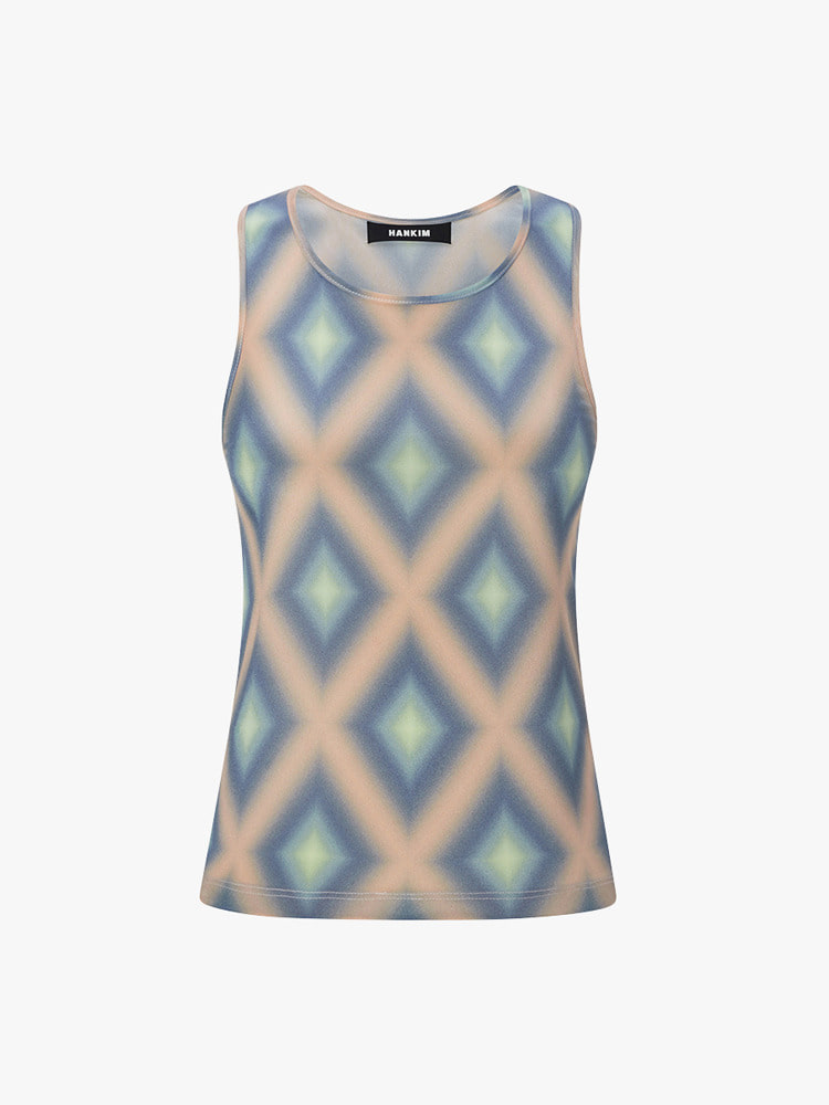 APRICOT AEGEAN BLUE PRINTED SLEEVELESS TOP  한킴 애프리콧 이지안 블루 프린트 슬리브리스 탑 - 아데쿠베