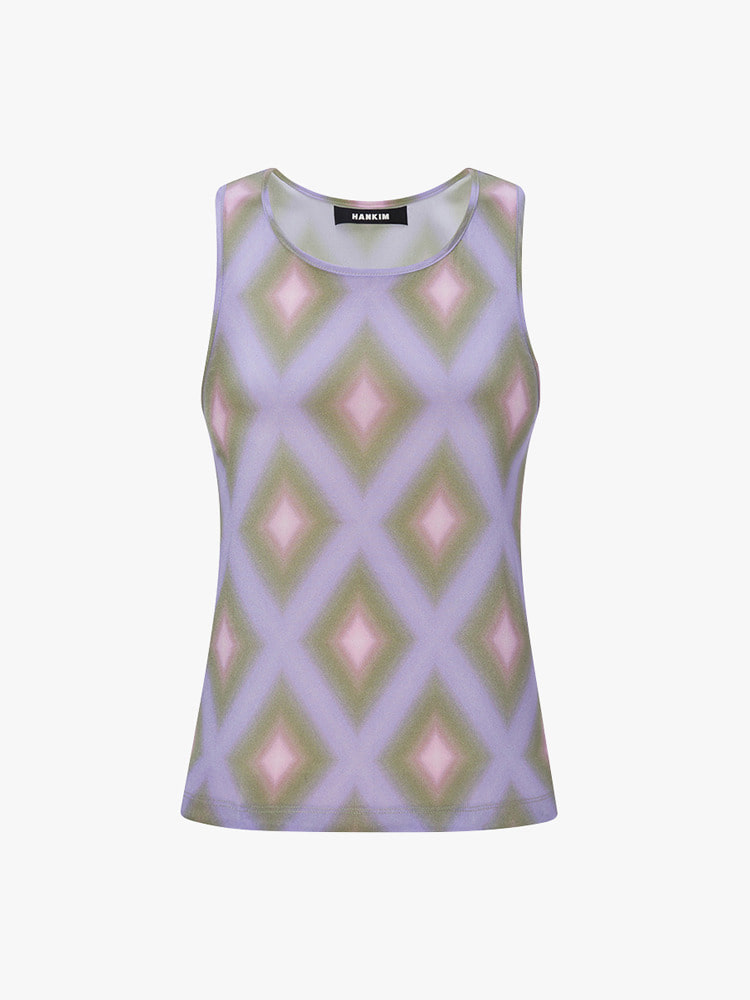 VIOLET SPINACH GREEN PRINTED SLEEVELESS TOP  한킴 바이올렛 스피니치 그린 프린트 슬리브리스 탑 - 아데쿠베