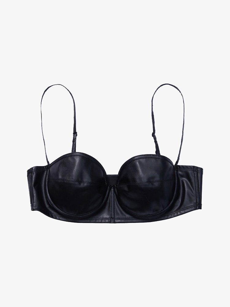 BLACK FAKE LEATHER BRA  산쿠안즈 블랙 페이크 레더 브라 - 아데쿠베