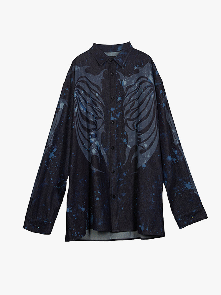 DARK BLUE BONE PRINTED SHIRT  산쿠안즈 다크 블루 본 프린트 셔츠 - 아데쿠베