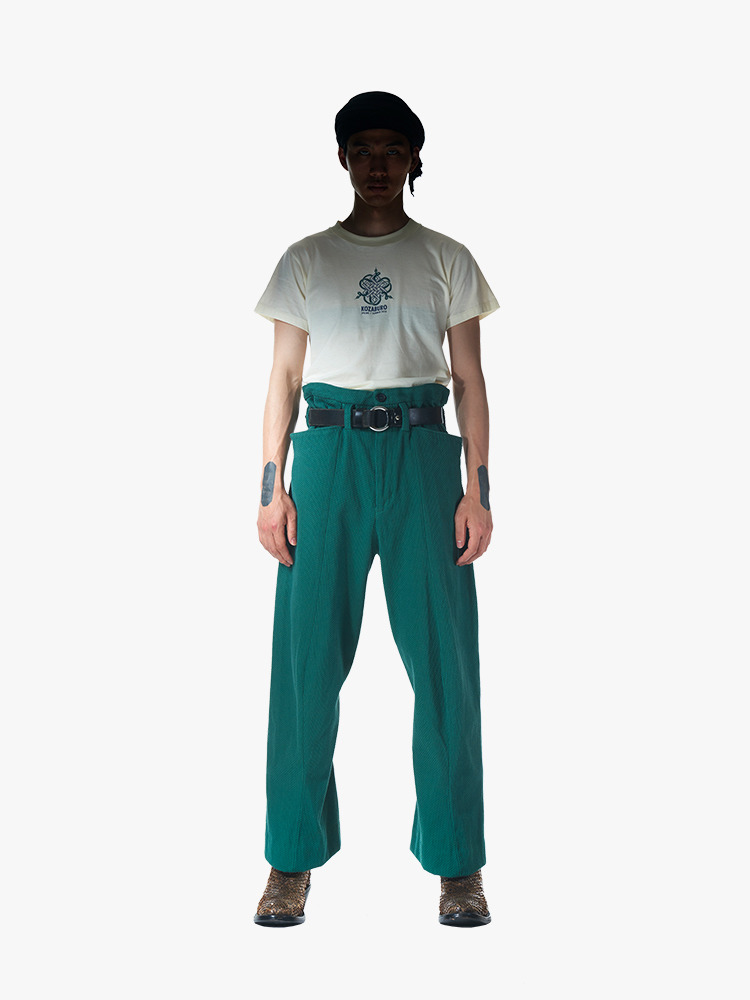 GREEN SASHIKO 3D SHAPED TROUSERS - UNLINED  코자부로 그린 사시코 3D 쉐이프 트라우저 - 아데쿠베