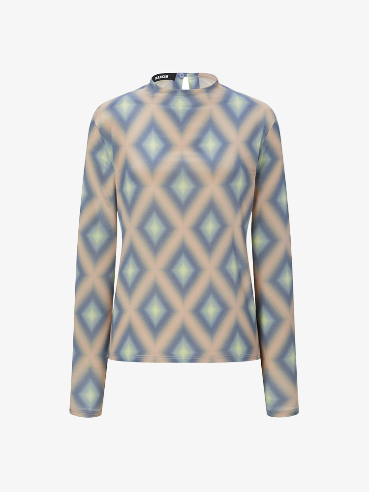 APRICOT AEGEAN BLUE PRINTED LONG SLEEVE TOP  한킴 애프리콧 이지안 블루 프린트 롱 슬리브 탑 - 아데쿠베