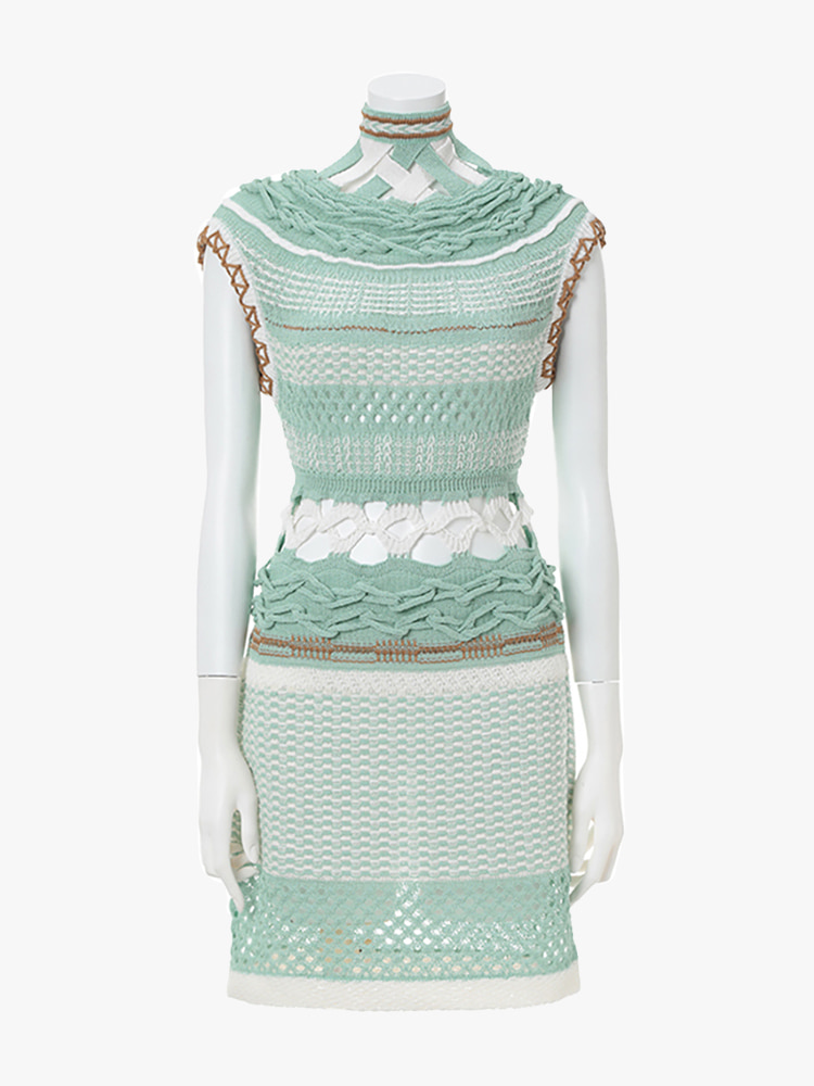 MINT GREEN BAMBOO BASKET PATTERN KNITTED DRESS  마메 쿠로구치 민트 그린 대나무 바스켓 패턴 니트 드레스 - 아데쿠베