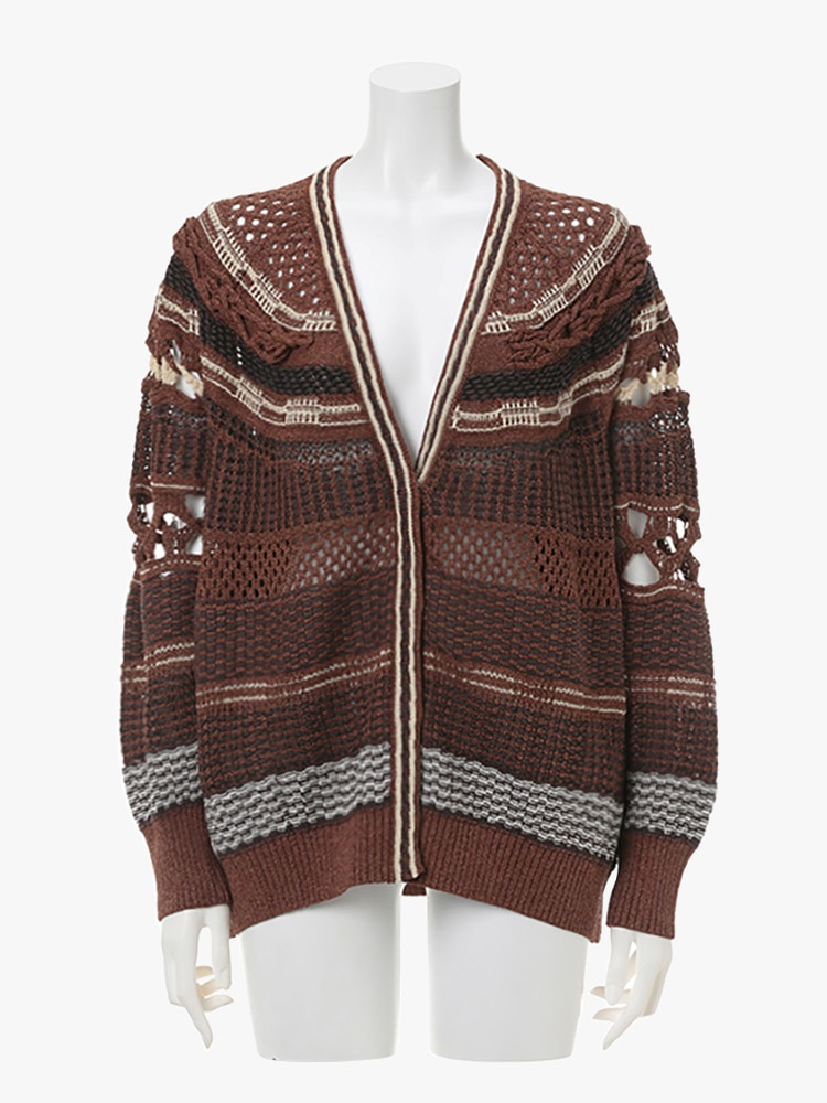 BROWN BAMBOO BASKET PATTERN KNITTED CARDIGAN  마메 쿠로구치 브라운 대나무 바스켓 패턴 니트 가디건 - 아데쿠베