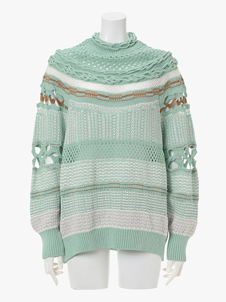 MINT GREEN BAMBOO BASKET PATTERN KNITTED TOP  마메 쿠로구치 민트 그린 대나무 바스켓 패턴 니트 탑 - 아데쿠베