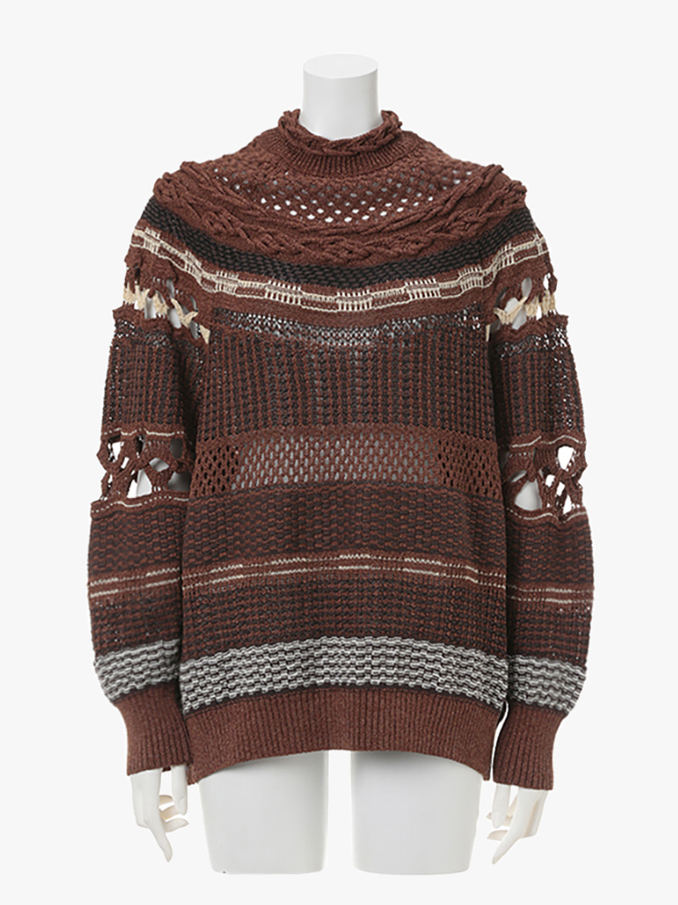 BROWN BAMBOO BASKET PATTERN KNITTED TOP  마메 쿠로구치 브라운 대나무 바스켓 패턴 니트 탑 - 아데쿠베