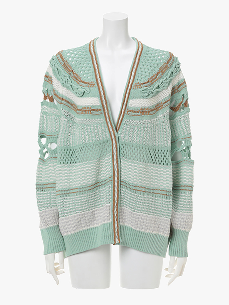 MINT GREEN BAMBOO BASKET PATTERN KNITTED CARDIGAN  마메 쿠로구치 민트 그린 대나무 바스켓 패턴 니트 가디건 - 아데쿠베