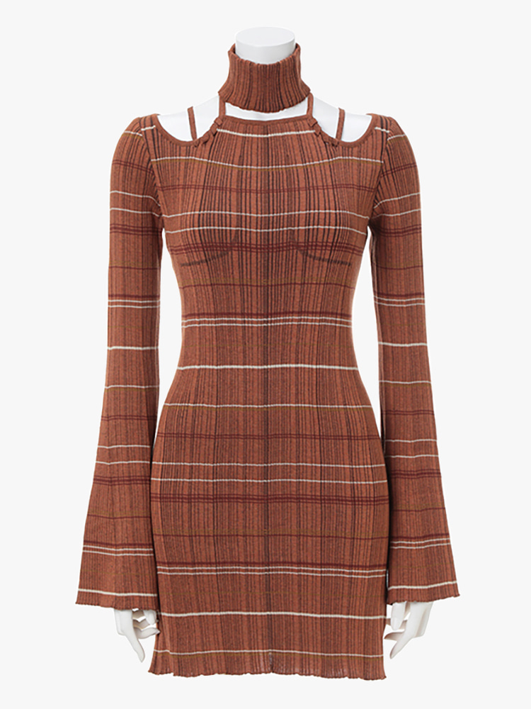 BROWN RANDOM RIBBED PLAID CHOKER KNITTED DRESS  마메 쿠로구치 브라운 랜더 립 플레이드 초커 니트 드레스 - 아데쿠베