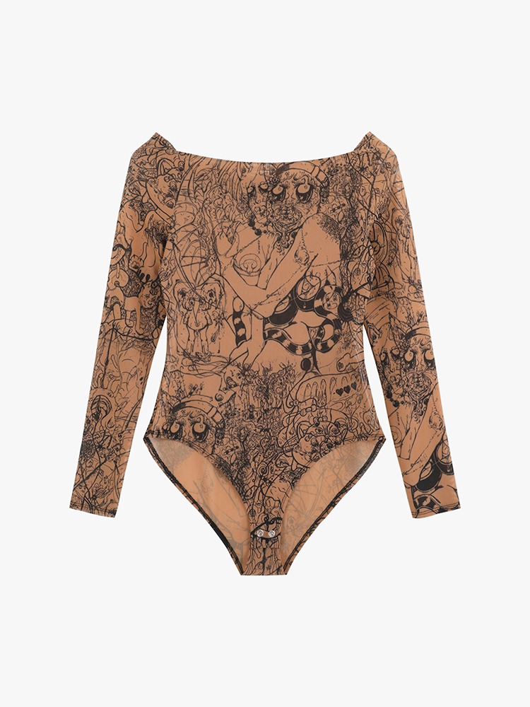 BROWN GRAPHIC PRINTED BODYSUIT  산쿠안즈 브라운 그래픽 프린트 바디수트 - 아데쿠베