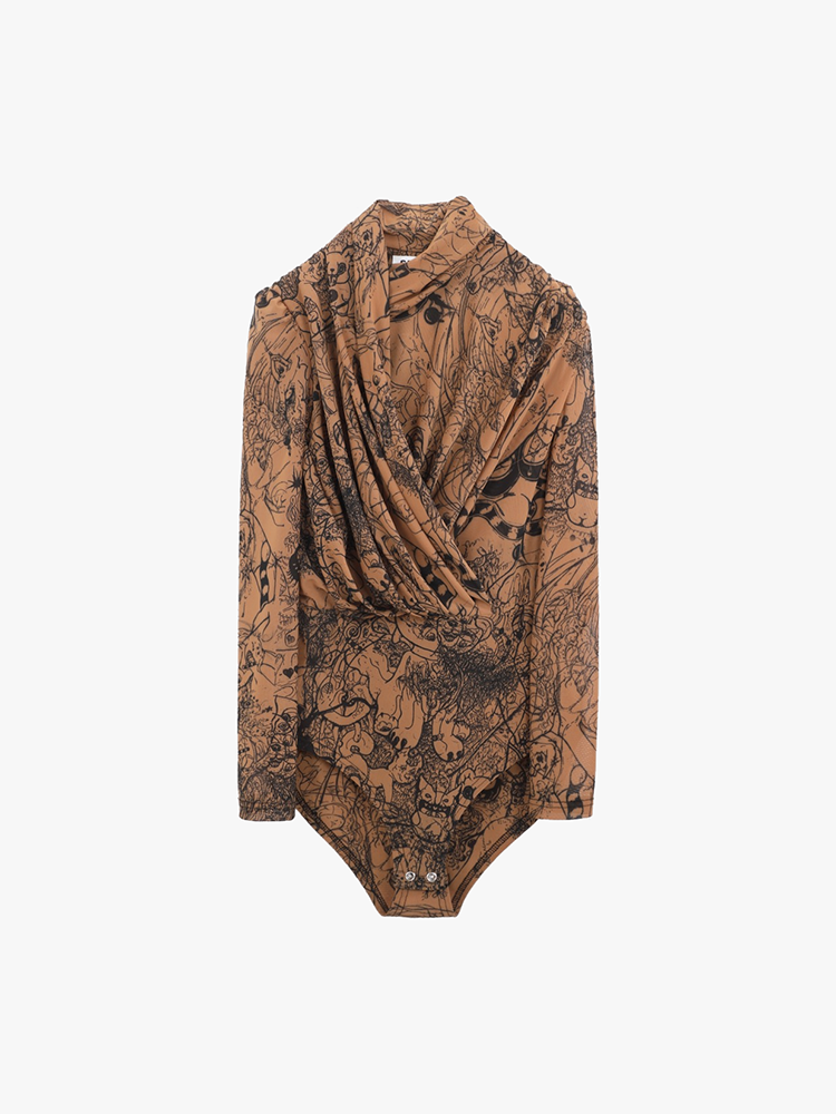 BROWN GRAPHIC PRINTED DRAPE BODYSUIT  산쿠안즈 브라운 그래픽 프린트 드레이프 바디수트 - 아데쿠베