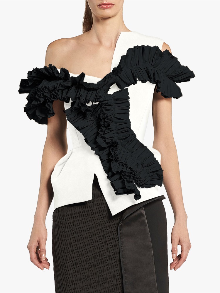 WHITE BLACK RUFFLE DARK ROSE BODICE  마티체브스키 화이트 블랙 러플 다크 로즈 바디스 - 아데쿠베