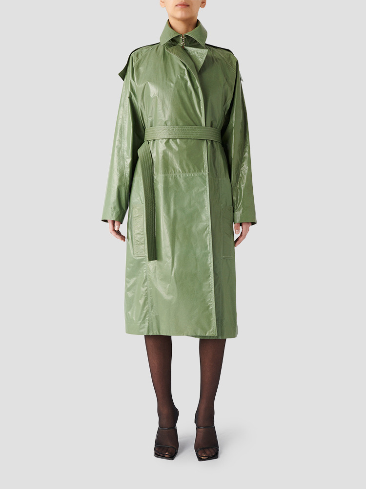 GREEN PAPER EFFECT LAMB LEATHER TRENCH COAT  보야로브스카야 그린 페이퍼 이펙트 램 레더 트렌치 코트 - 아데쿠베