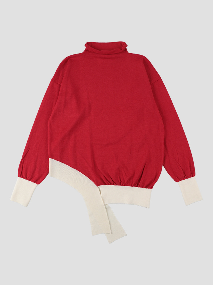 RED HIGH NECK RANDOM HEM KNIT  설밤 레드 하이 넥 랜덤 헴 니트 - 아데쿠베