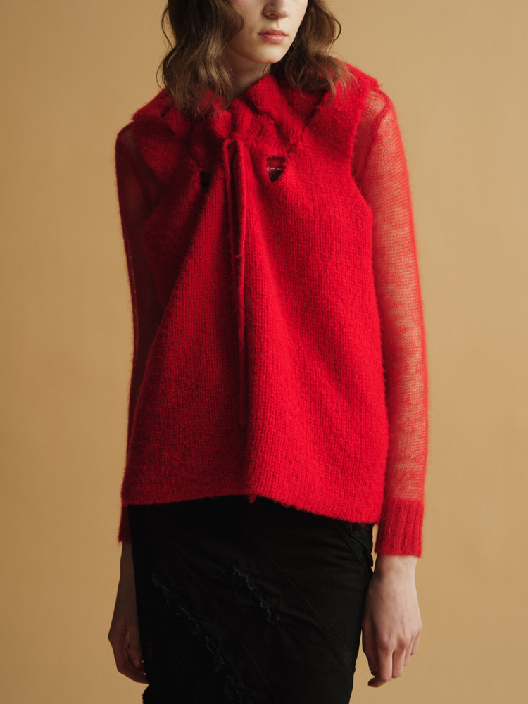 RED “PERK” KNITTED WOOL VEST  폰더럴 레드 &quot;퍼크&quot; 니트 울 베스트 - 아데쿠베