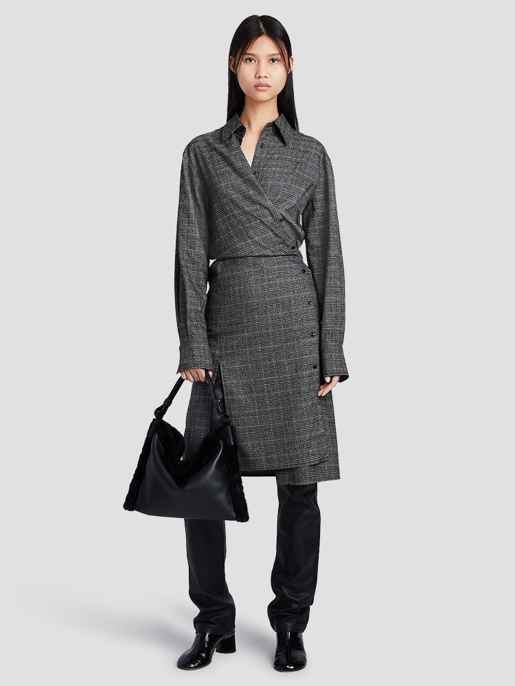 BLACK OFF WHITE CITRON PLAID SUITING WRAP DRESS  프로엔자 슐러 블랙 오프 화이트 시트론 플레이드 슈팅 랩 드레스 - 아데쿠베