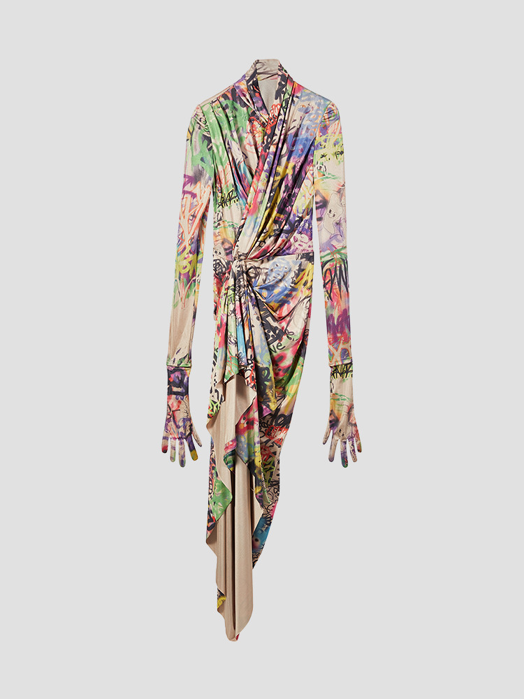 MULTI COLOR DRAPED GRAPHIC GLOVES DRESS  산쿠안즈 멀티 컬러 드레이프 그래픽 글러브 드레스 - 아데쿠베