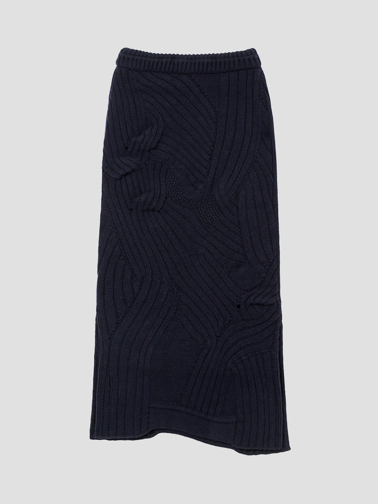 NAVY BASKET MOTIF CABLE STITCH KNITTED SKIRT  마메 쿠로구치 네이비 바스켓 모티프 케이블 스티치 니트 스커트 - 아데쿠베