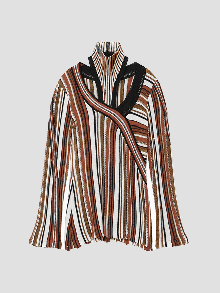 BROWN STRIPE JACQUARD HIGH NECK KNITTED TOP  마메 쿠로구치 브라운 스트라이프 자카드 하이 넥 니트 탑 - 아데쿠베