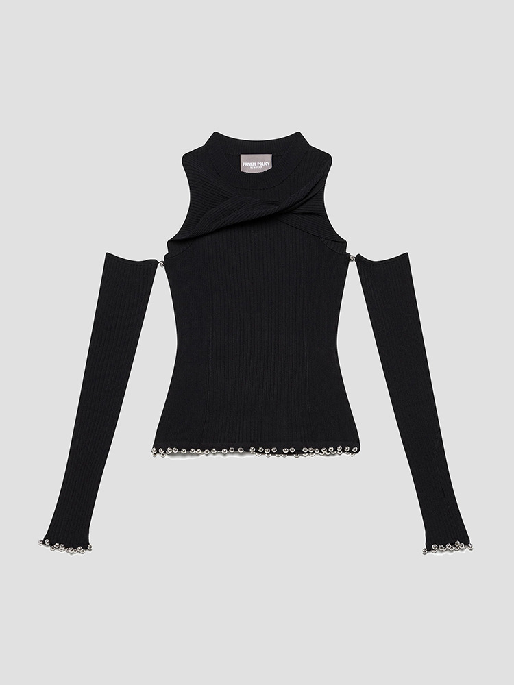 BLACK GLOVE SLEEVES TWIST KNIT TOP  프라이빗 폴리시 블랙 글러브 슬리브 트위스트 니트 탑 - 아데쿠베