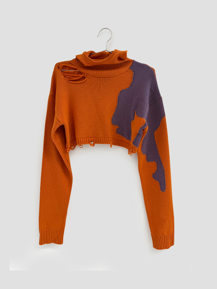 ORANGE DISTRESSED KNIT CROP HOODIE  프라이빗 폴리시 오렌지 디스트레스드 니트 크롭 후디 - 아데쿠베