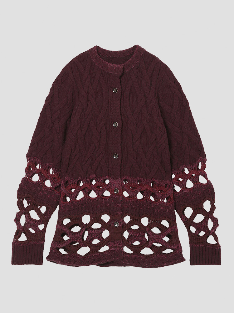 BORDEAUX BASKET PATTERN COMBINATION KNITTED CARDIGAN  마메 쿠로구치 보르도 바스켓 패턴 콤비네이션 니트 가디건 - 아데쿠베