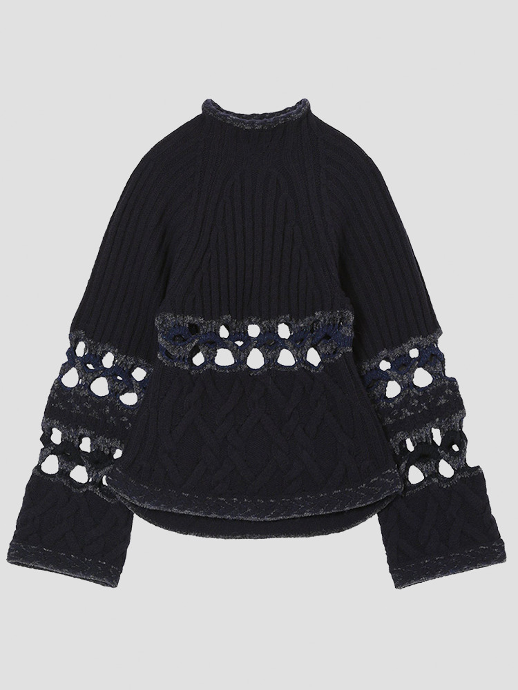 NAVY BASKET PATTERN COMBINATION KNITTED PULLOVER  마메 쿠로구치 네이비 바스켓 패턴 콤비네이션 니트 풀오버 - 아데쿠베