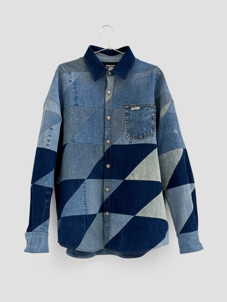 BLUE PXL CHECKER DENIM SHIRT JACKET  프라이빗 폴리시 블루 픽셀 체커 데님 셔츠 자켓 - 아데쿠베