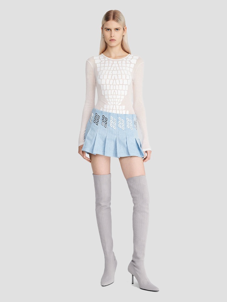 CYAN DIAMOND STUD PLEATED DENIM MINI SKIRT  디온 리(DION LEE) 사이언 다이아몬드 스터드 플리츠 데님 미니 스커트 - 아데쿠베