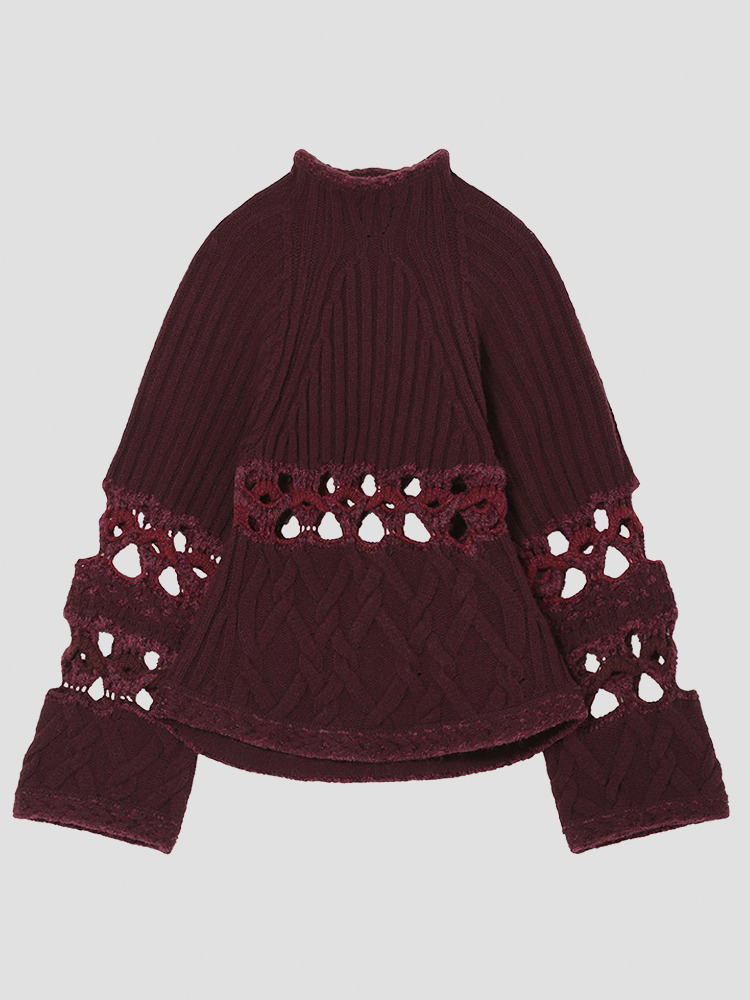 BORDEAUX BASKET PATTERN COMBINATION KNITTED PULLOVER  마메 쿠로구치 보르도 바스켓 패턴 콤비네이션 니트 풀오버 - 아데쿠베