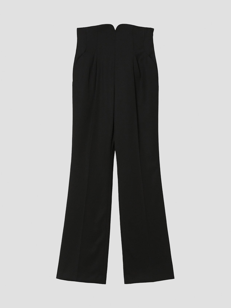 BLACK WOOL GABARDINE FLARED TROUSERS  마메 쿠로구치 블랙 울 개버딘 플레어 트라우저 - 아데쿠베