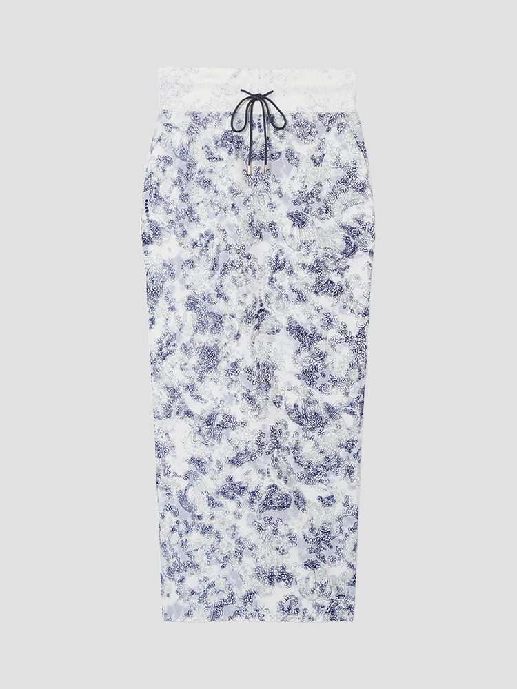 BLUE FLORAL FLOCK FLEECE LINING SKIRT  마메 쿠로구치 블루 플로럴 플리스 라이닝 스커트 - 아데쿠베